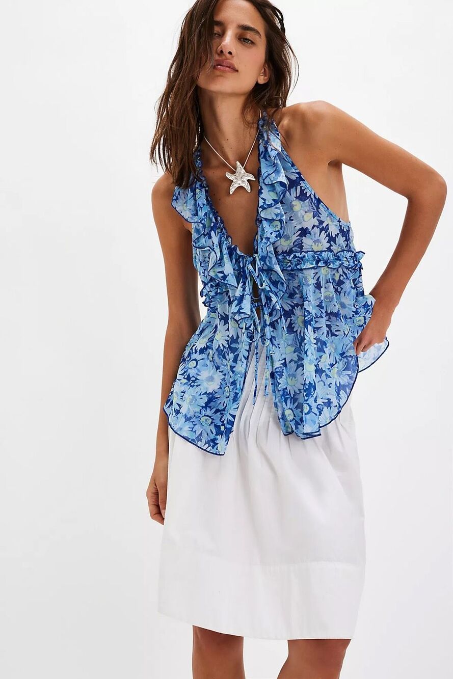 Free People Fearless Tank Blouse Blue Floral Ruffle Tie Front Sheer Peplum Med #